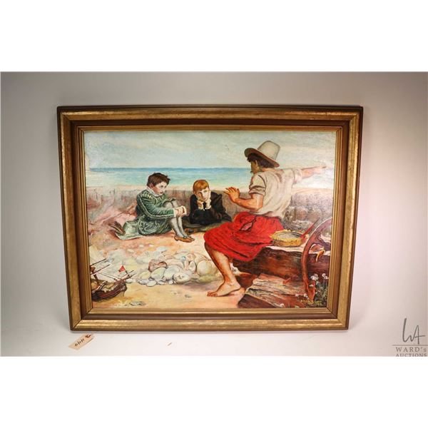 Framed oil on board painting of fisherman telling tales of the sea to two boys by artist Paul Duff, 