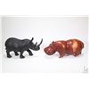 Image 1 : Two African treenware carvings including hippopotamus 13" in length and a 12" rhinoceros, both possi