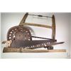 Image 1 : Selection of primitive farm items including bucksaw, pressed steel tractor seat, a 36" saw, small yo