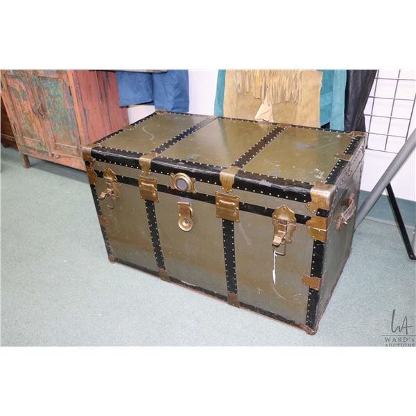 Vintage green and black steamer trunk with full brass accents, includes tray