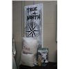 Image 1 : Large framed True North wooden sign 61" X 23", six True North decorator pillows, wall mount stag coa
