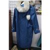 Image 2 : Ladies wool lined Inuit parka with blue outer shell, stitched appliques and fur trimmed hood by Bayv