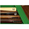 Image 8 : Antique quarter cut oak Mission style pool table with slate top, knitted pockets, cue hangers, full 
