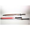 Image 1 : Two swords including a double edge Chinese Jian sword with scabbards and a Simitar with scabbard