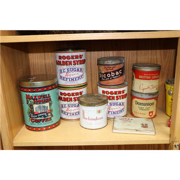 Selection of vintage tins including tobacco tins, Maxwell house, Sweet Caporal Tobacco, Will's Fine 