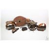 Image 1 : Selection of vintage collectibles including wooden bellows, two sadiron, trivets and decorators cann