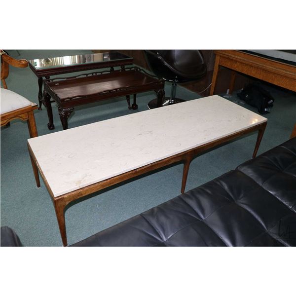 Mid century marble top table on teak base marked W & Z, 60" X 20"