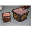 Image 1 : Square Oriental motif glazed clay planter 16" diameter and a smaller glazed pottery planter. Note: N
