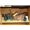 Image 2 : Shelf lot of primitive collectibles including wood and brass level, saddle bench clamp, glass and po