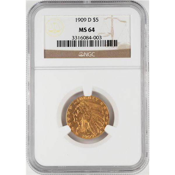 1909-D $5 Indian Head Half Eagle Gold Coin NGC MS64