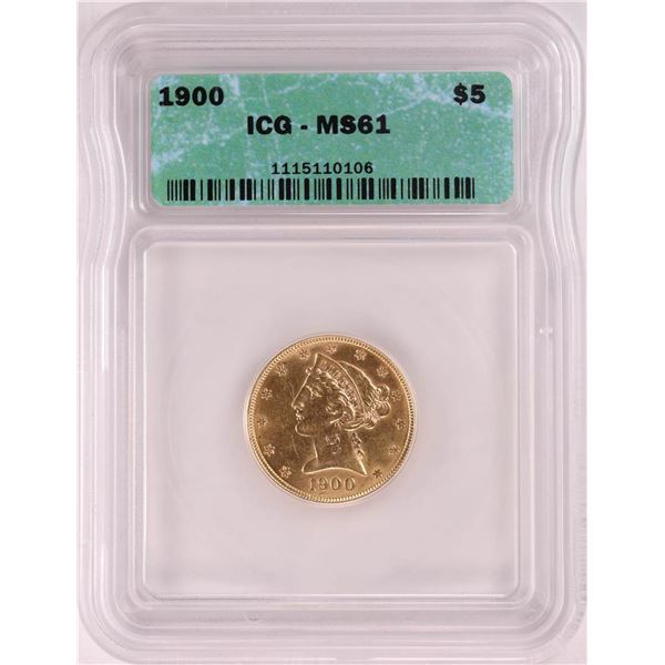1900 $5 Liberty Head Half Eagle Gold Coin ICG MS61