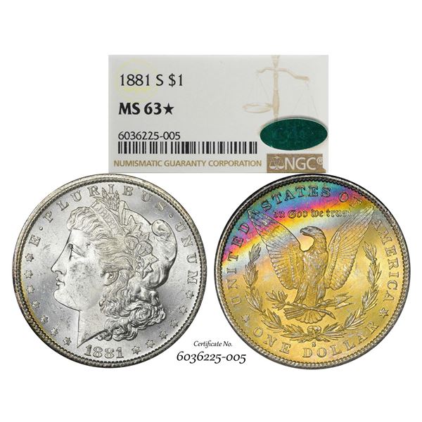 1881-S $1 Morgan Silver Dollar Coin NGC MS63* Star CAC Amazing Toning