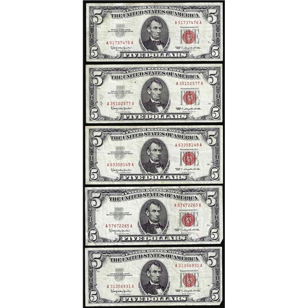 Lot of (5) 1963 $5 Legal Tender Notes