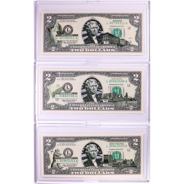 Lot of (3) 2003A $2 Colorized Overprint Federal Reserve Notes in Cases