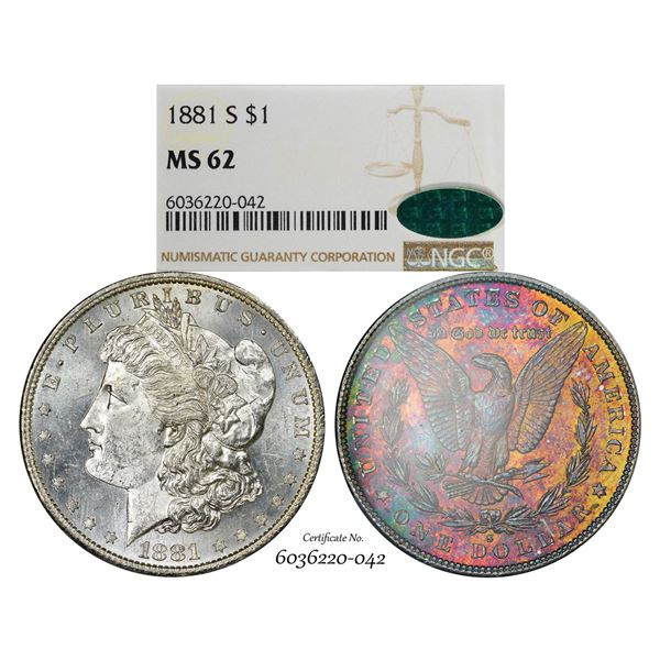 1881-S $1 Morgan Silver Dollar Coin NGC MS62 CAC Amazing Toning