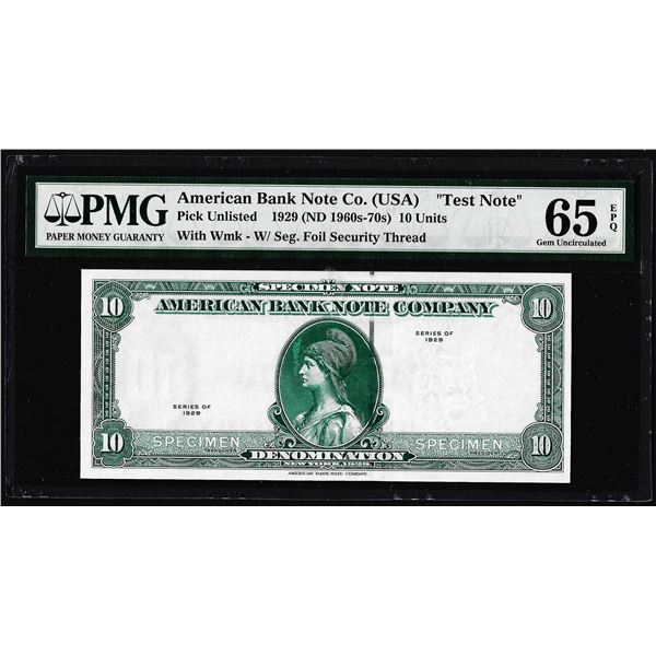 1929 10 Unit American Bank Note Co. "Test Note" PMG Gem Uncirculated 65EPQ