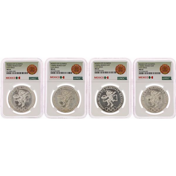 Lot of (4) 1968Mo Mexico 25 Pesos Olympics Commemorative Silver Coins NGC MS65