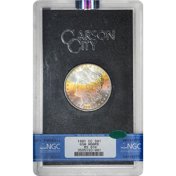 1881-CC $1 Morgan Silver Dollar Coin GSA Hoard NGC MS63* Star CAC Amazing Toning