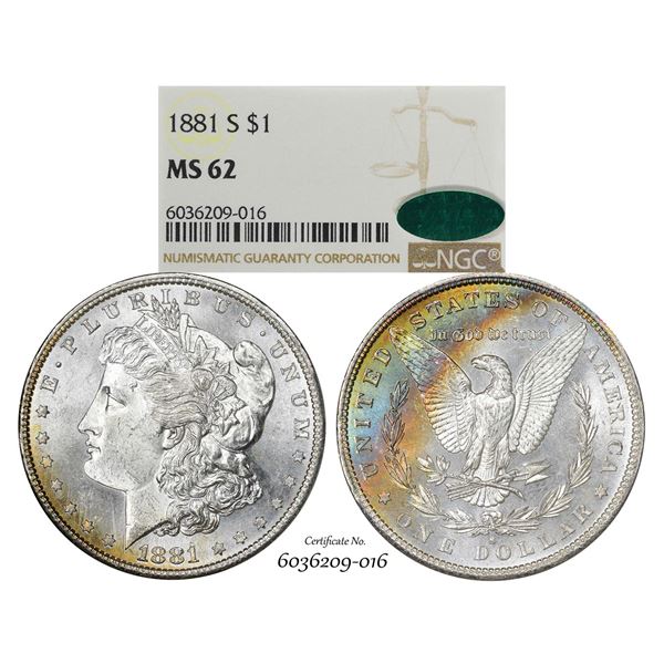 1881-S $1 Morgan Silver Dollar Coin NGC MS62 CAC Amazing Toning