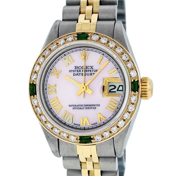 Rolex Ladies Two Tone Pink MOP Diamond & Emerald Oyster Perpetual Datejust Watch