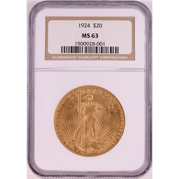 1924 $20 St. Gaudens Double Eagle Gold Coin NGC MS63