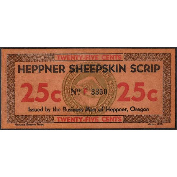 1934 Twenty-Five Cents Heppner Sheepskin Oregon Obsolete Scrip