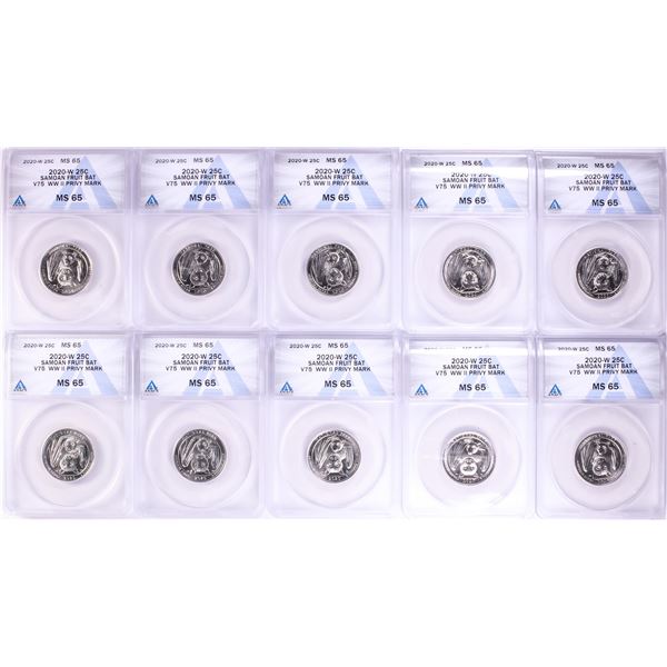 Lot of (10) 2020-W American Samoan Fruit Bat V75 WWII Quarters ANACS MS65