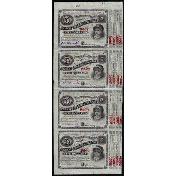 Uncut Sheet of (4) State of Louisiana Baby Bond Obsolete Notes