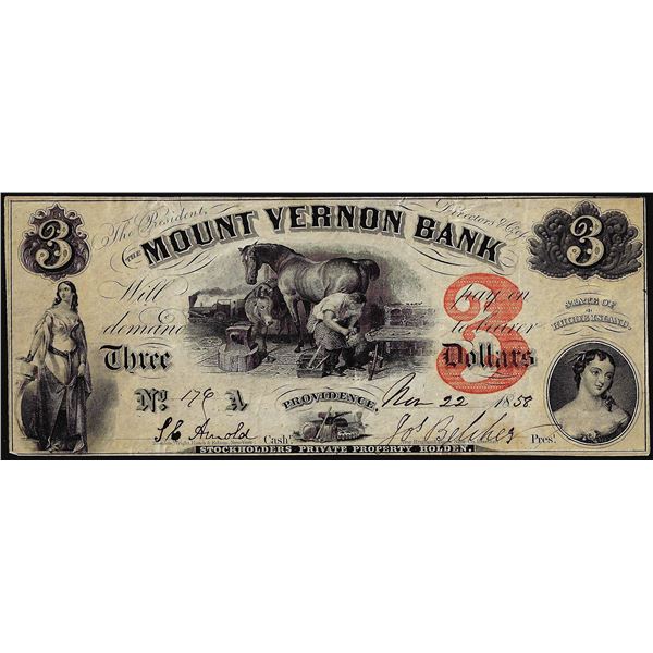 1858 $3 Mount Vernon Bank Providence, Rhode Island Obsolete Note