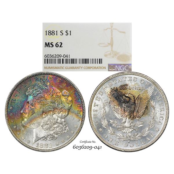 1881-S $1 Morgan Silver Dollar Coin NGC MS62 Amazing Toning
