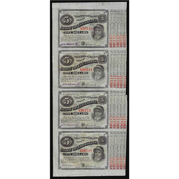 Uncut Sheet of (4) State of Louisiana Baby Bond Obsolete Notes