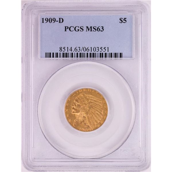 1909-D $5 Indian Head Half Eagle Gold Coin PCGS MS63
