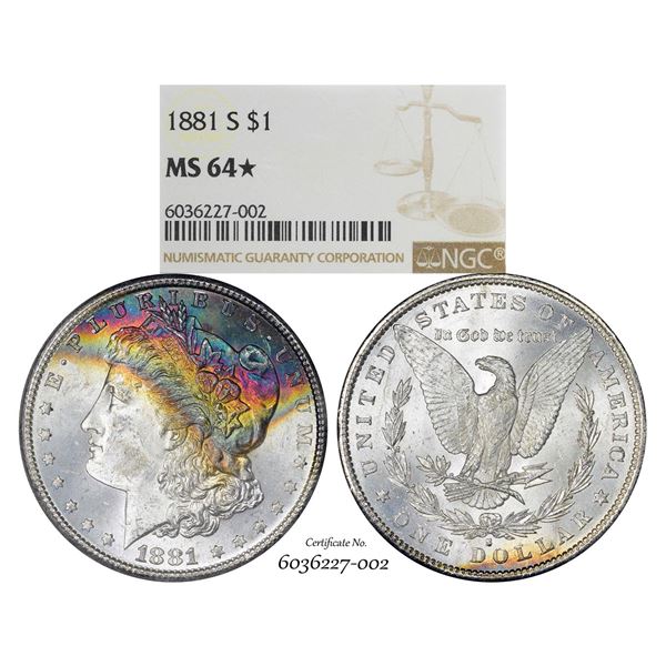 1881-S $1 Morgan Silver Dollar Coin NGC MS64* Star Amazing Toning