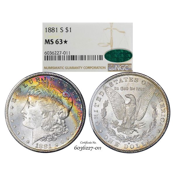 1881-S $1 Morgan Silver Dollar Coin NGC MS63* Star CAC Amazing Toning