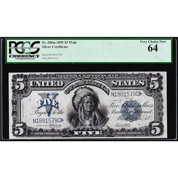 1899 $5 Chief Silver Certificate Note Mule Fr.280m PCGS Very Choice New 64