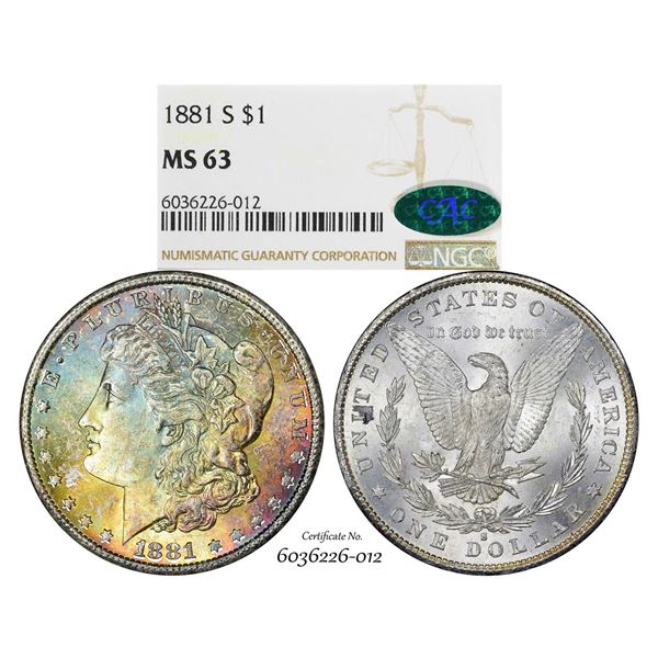 1881-S $1 Morgan Silver Dollar Coin NGC MS63 CAC Amazing Toning