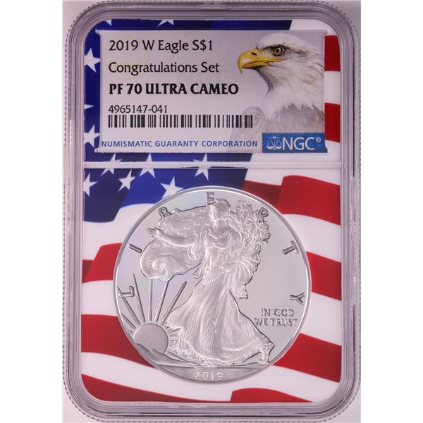 2019-W $1 Proof American Silver Eagle Coin NGC PF70 Ultra Cameo Congratulations Flag