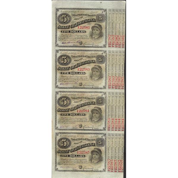 Uncut Sheet of (4) State of Louisiana Baby Bond Obsolete Notes