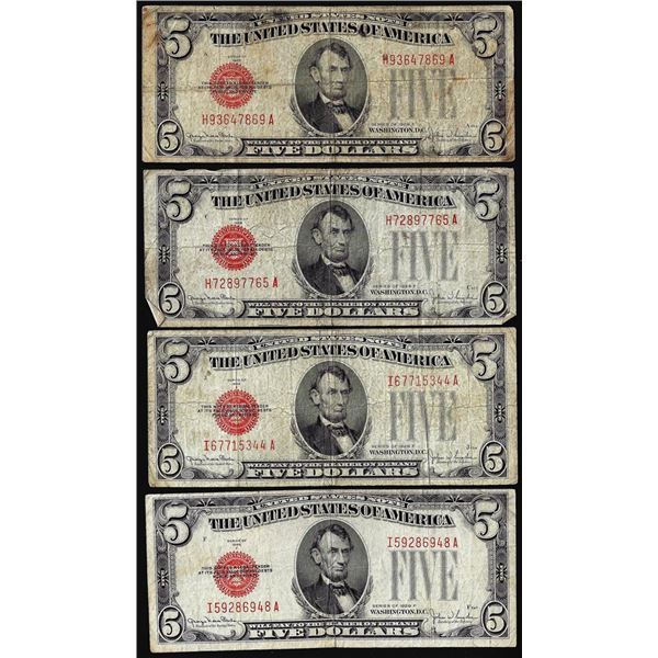 Lot of (4) 1928F $5 Legal Tender Notes