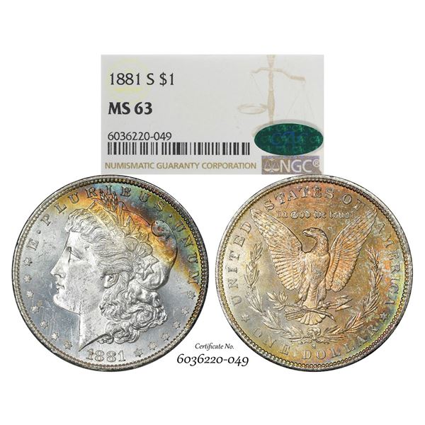 1881-S $1 Morgan Silver Dollar Coin NGC MS63 CAC Amazing Toning