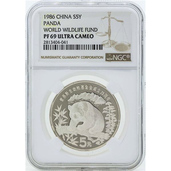 1986 China 5 Yuan Panda Silver Coin World Wildlife Fund NGC PF69 Ultra Cameo