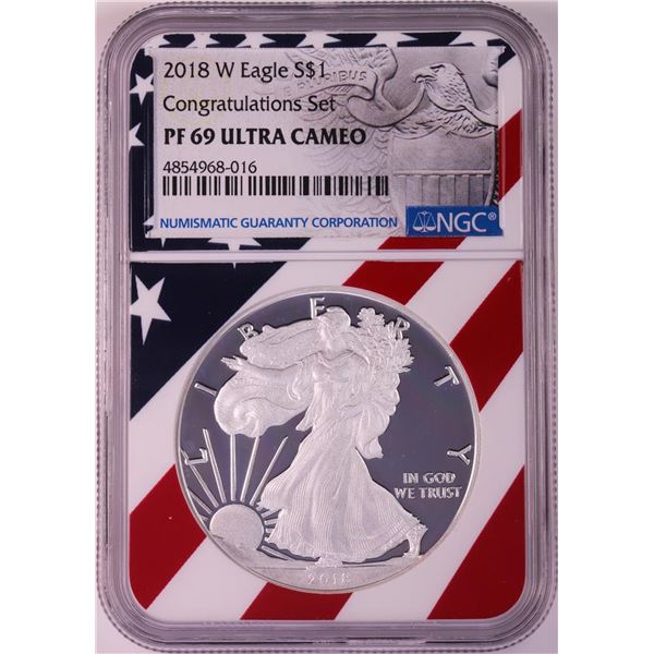 2018-W $1 Proof American Silver Eagle Coin NGC PF69 Ultra Cameo Congratulations Flag