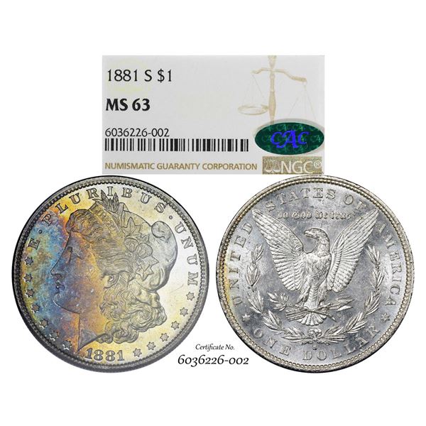 1881-S $1 Morgan Silver Dollar Coin NGC MS63 CAC Amazing Toning