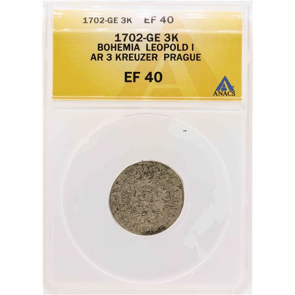 1702-GE Bohemia Leopold I AR 3 Kreuzer Prague Coin ANACS XF40