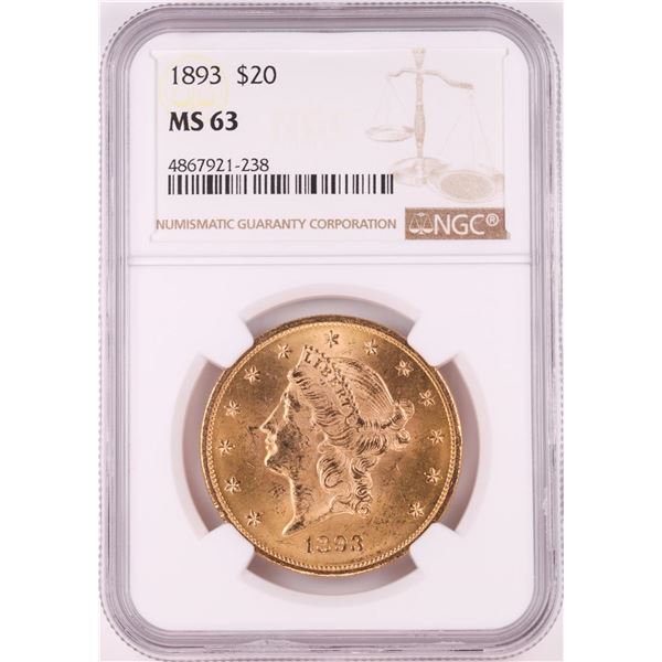 1893 $20 Liberty Head Double Eagle Gold Coin NGC MS63