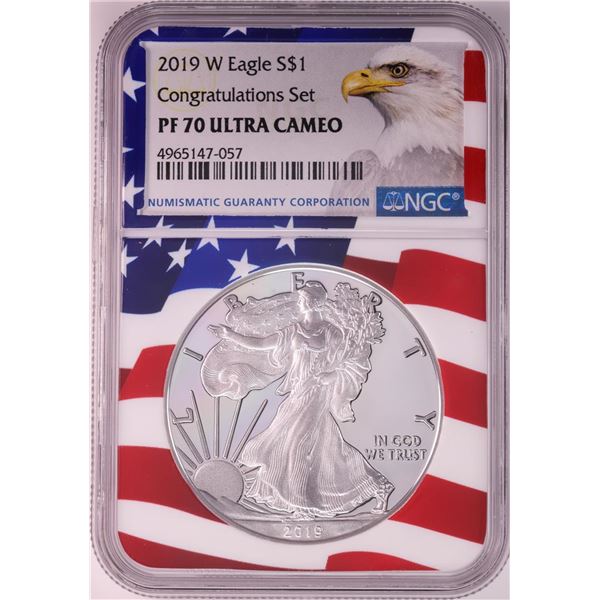 2019-W $1 Proof American Silver Eagle Coin NGC PF70 Ultra Cameo Congratulations Flag