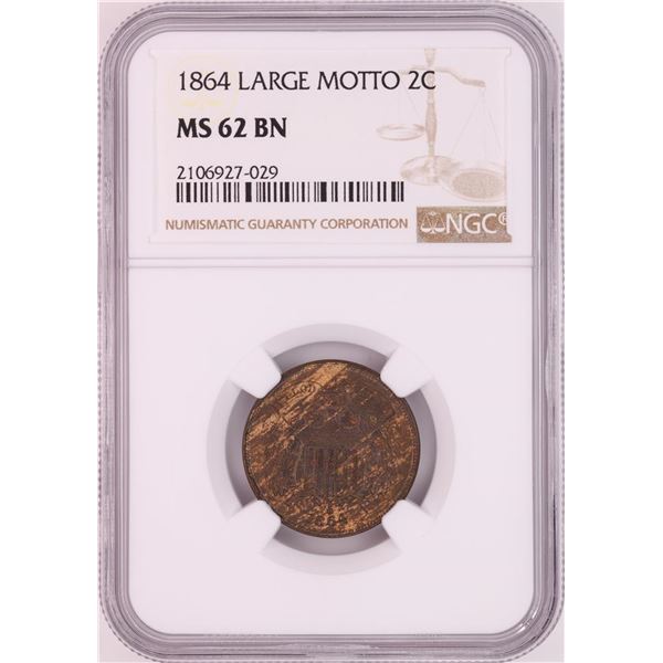 1864 Large Motto Two Cent Piece Coin NGC MS62BN