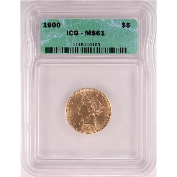 1900 $5 Liberty Head Half Eagle Gold Coin ICG MS61