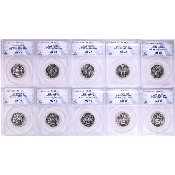 Lot of (10) 2020-W American Samoan Fruit Bat V75 WWII Quarters ANACS MS65