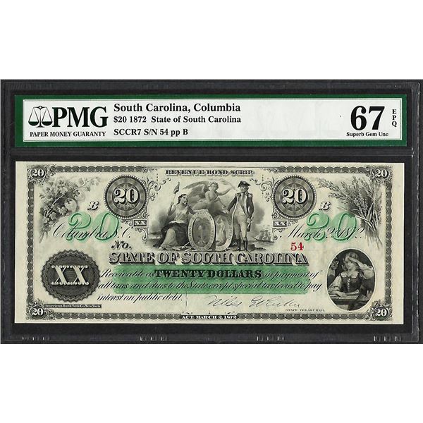 1872 $20 State of South Carolina Revenue Bond Obsolete Note PMG Superb Gem Unc. 67EPQ
